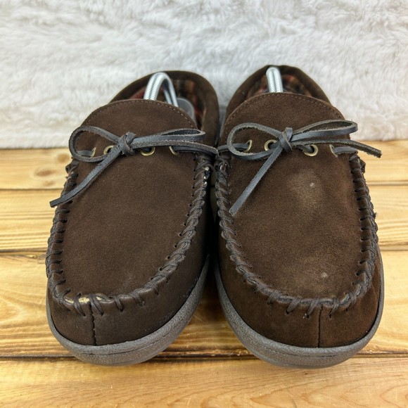 Nunn Bush Mens Size 10 Slippers Eddie Mocassin Brown Leather Faux Fur Plaid - Picture 3 of 14